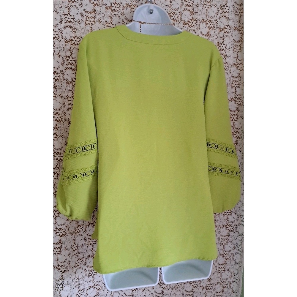 Como Blu Top M Lime Green Peasant Blouse Puff Sleeve Crochet Trim Polyester Boho - Picture 10 of 10
